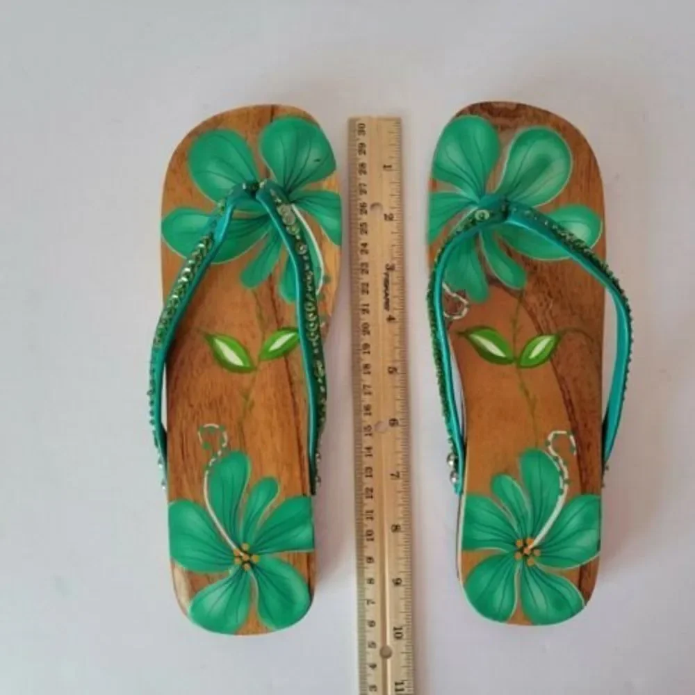 Hand Painted Wooden Sandals Green Floral Pattern Decor
